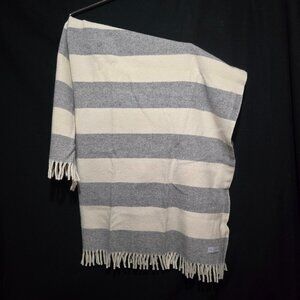 Cannon River Faribault Mill USA Fringed Wool Throw Blanket White Gray Stripe